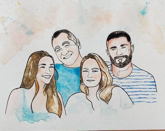 Personalized group portrait family friends company painted in watercolor or acrylic on paper and digital