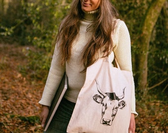 Totebag sac fourre-tout en toile de coton avec illustration humoristique de la vache Béarnaise sérigraphiée