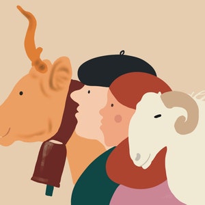 Illustration naïve et colorée de personnages béarnais, un berger, une bergère, une vache béarnaise et une brebis Profils béarnais 1 image 3