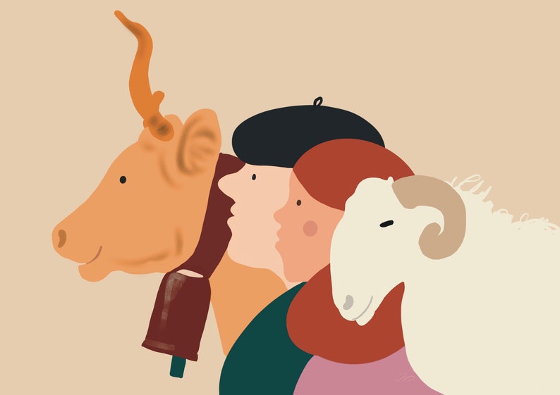 Illustration naïve et colorée de personnages béarnais, un berger, une bergère, une vache béarnaise et une brebis Profils béarnais 1 image 3