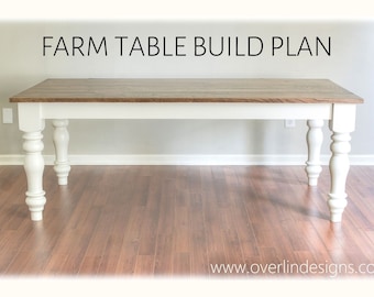 May include: White farmhouse table with a wood top and turned legs. The table is in a room with hardwood floors. The text "FARM TABLE BUILD PLAN" is at the top of the image. The website address "www.overlindesigns.com" is at the bottom of the image.
