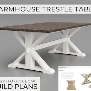 Op de afbeelding: DIY-bouwplannen voor een landelijke trestle-tafel. Bouw je eigen rustieke tafel met gemakkelijk te volgen instructies. De tafel heeft een wit geverfde basis met een houten blad. Montage-instructies zijn inbegrepen.