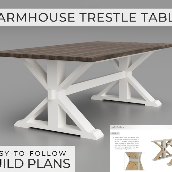 Piani di costruzione del tavolo su cavalletto della fattoria / Download istantaneo del PDF / Piano di lavorazione del legno / Progetto del tavolo della fattoria