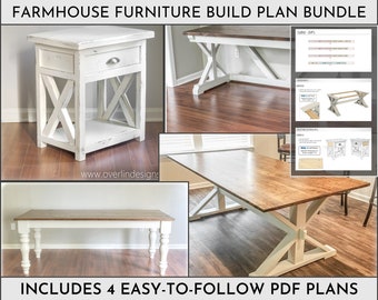 May include: A set of four farmhouse furniture plans, including a table, a nightstand, and two chairs. The plans are easy to follow and include detailed instructions and diagrams. The plans are available as PDF downloads.