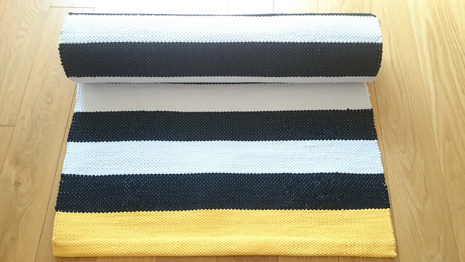 Black White and Yellow Striped Rug Reversible Cotton Floor Etsy