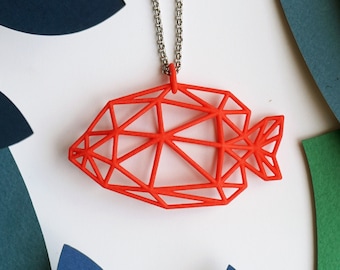 3D Printed Jewelry - gioiello stampato in 3D - Butterfish - pendente con catena - 2 colori - Rosso, blue in plastica di Nylon stampato in 3D