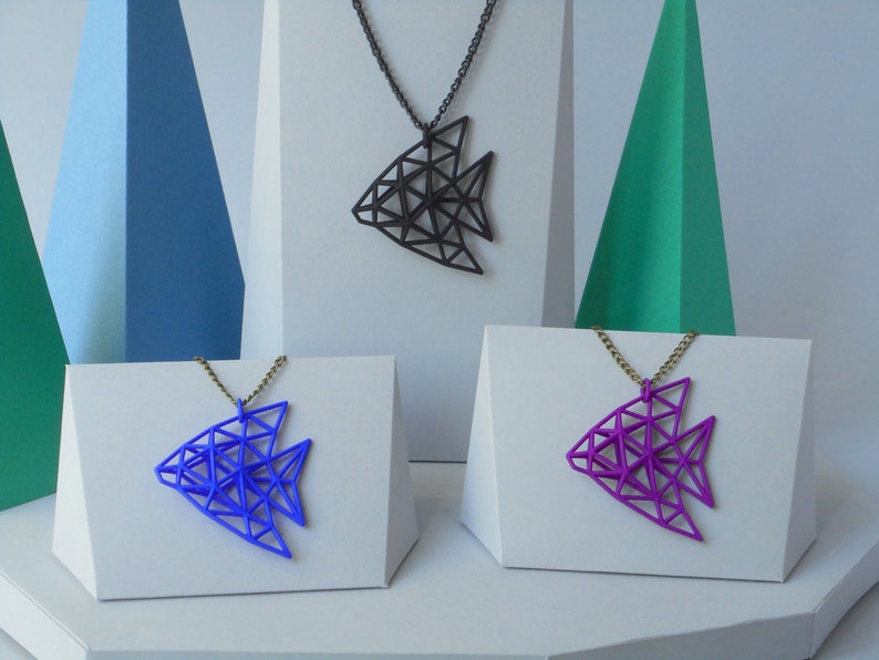 3D Printed Jewelry - Tropical Angelfish 3 Color Pendant - Black, Blue ...