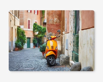 Wooden Cork Placemats Featuring a Yellow Scooter in Rome, Italy.  Dinner Placemats in sets of 2, 4 or 6.