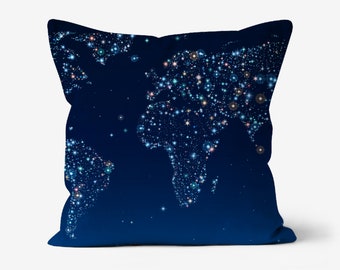 Linen Cushion with Sparkling World Map Design. Sparkling World Map Cushion 12 x 12 inches.