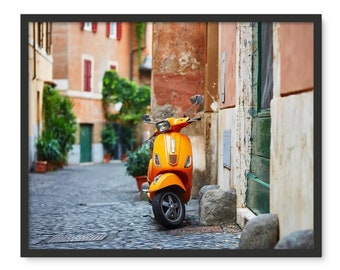 Framed Yellow Scooter in Italy Photo Tile.  Adhesive Photo Tile for Home Decoration.