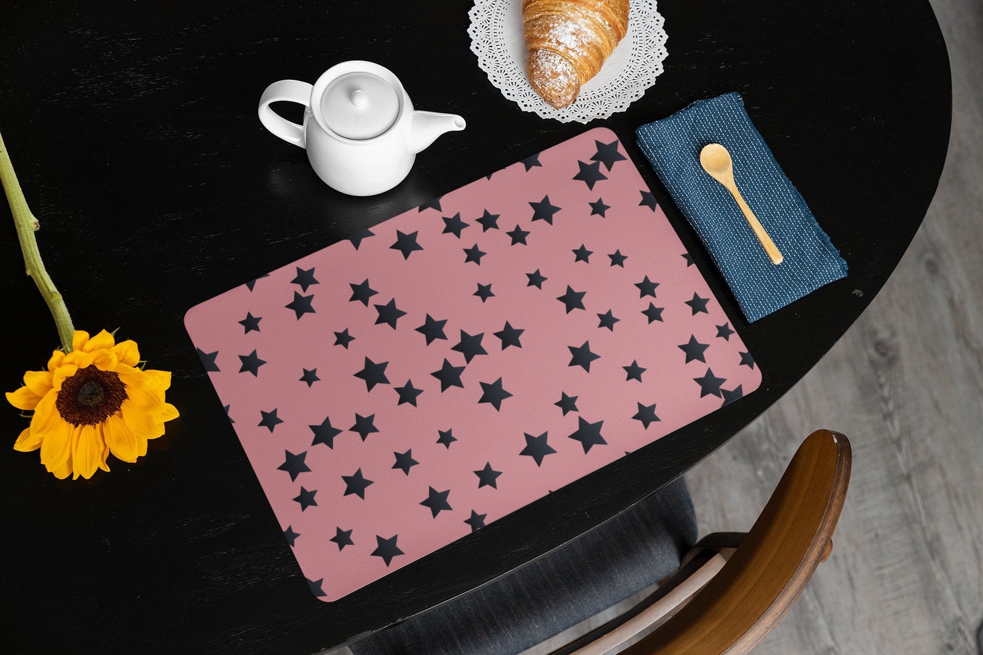 Wooden Cork Placemats Featuring Star Design on Pink Background. Dinner