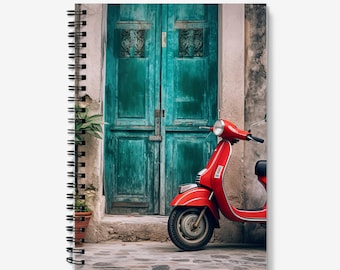 A5 Spiral Notebook Featuring Italy Red Scooter. Cute Red Scooter Design Notebook with Lined Paper.