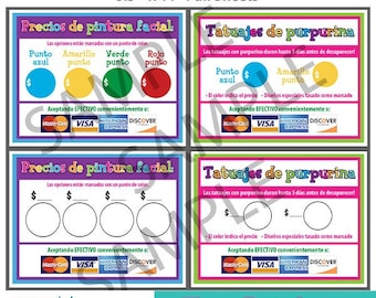 LETREROS DE PRECIOS EN ESPAÑOL - Letreros de precios para tatuajes con brillantina y pintura facial