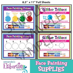 May include: Two printable 8.5 x 11 inch sheets for face painting and glitter tattoo pricing. The sheets feature colorful circles with dollar signs and text that says "Face Painting Prices" and "Glitter Tattoos". The sheets also include a list of accepted payment methods, including Mastercard, Visa, American Express, and Discover.