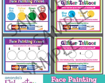 LETREROS DE PRECIO - Letreros de precio de pintura facial y tatuajes con brillantina