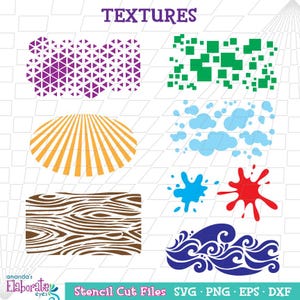 Puede incluir: Un conjunto de 10 archivos digitales de corte de plantilla que presentan varias texturas, incluyendo veta de madera, olas, nubes, salpicaduras de pintura y patrones geométricos. Los archivos están disponibles en los formatos SVG, PNG, EPS y DXF. El texto "TEXTURES" está en la parte superior de la imagen. El texto "Stencil Cut Files SVG PNG EPS DXF" está en la parte inferior de la imagen.