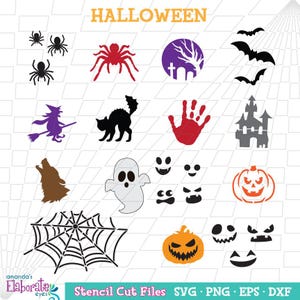 Könnte beinhalten: Ein Set mit 16 Halloween-SVG-Schnittdateien. Die Bilder beinhalten eine Spinne, ein Gespenst, einen Kürbis, eine Hexe, eine Katze, ein Schloss, einen Handabdruck, ein Spinnennetz und einen Wolf. Der Text "HALLOWEEN" befindet sich oben im Bild. Der Text "Stencil Cut Files SVG PNG EPS DXF" befindet sich unten im Bild.