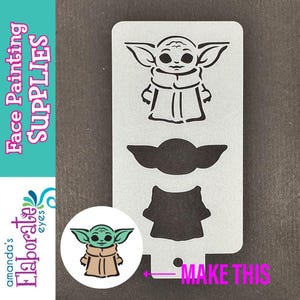 May include: A stencil for face painting featuring a cartoon character design. The stencil includes the character's face, ears, and clothing. The text "Face Painting SUPPLIES" and "MAKE THIS" are also visible.