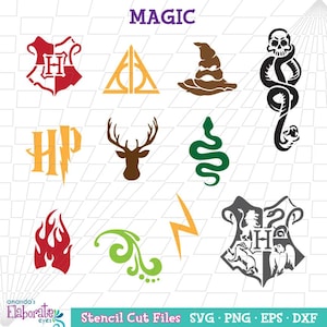 May include: A set of 10 SVG cut files featuring Harry Potter themed images, including the Hogwarts crest, a lightning bolt, a snake, a deer, and the letters HP. The text "MAGIC" is at the top of the image. The text "Stencil Cut Files SVG PNG EPS DXF" is at the bottom of the image.