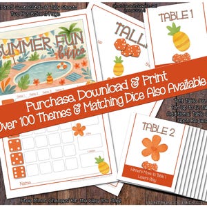 Może przedstawiać: Zestaw drukowanych kart do gry w bingo o tematyce letniej. Karty zawierają ilustracje basenu, ananasów i kości. Tekst zawiera "Summer Fun Bingo" i "Purchase, Download & Print".
