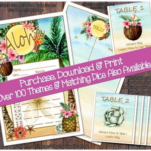 Afdrukbare Hawaiiaanse Bunco-set, complete Bunco-set, aangepaste Bunco-kaart, Bunco Tally Sheet, Bunco-tafelkaarten Bunko gratis kleine wijzigingen