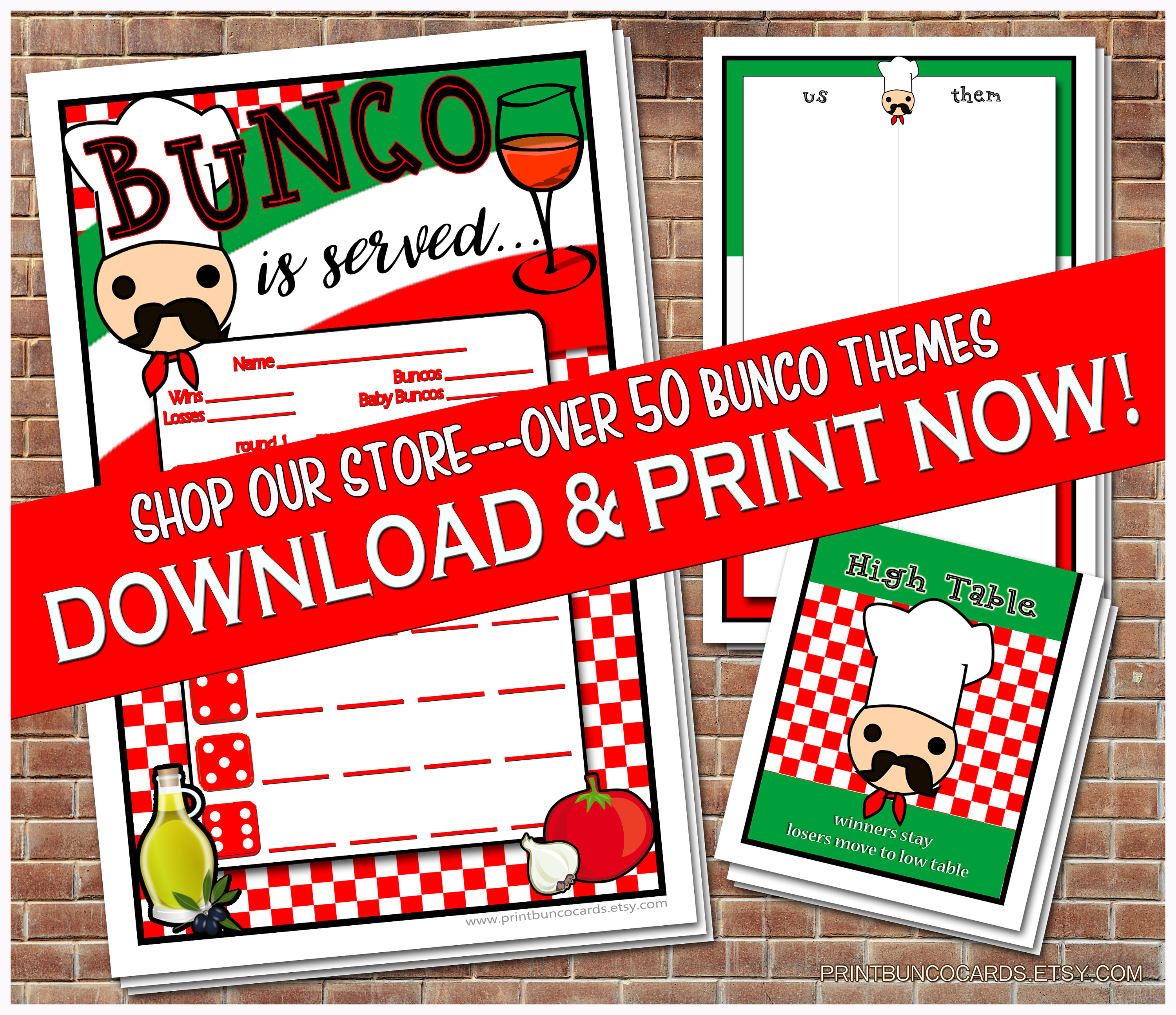 Printable Bunco Set Italian Themed Cards Bunko Scorecards Score Sheets Inst...