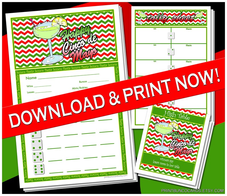 Printable Cinco de Mayo Custom Bunco Cards Set Bunko Scorecards Score Sheets Instant Download Free Minor Changes