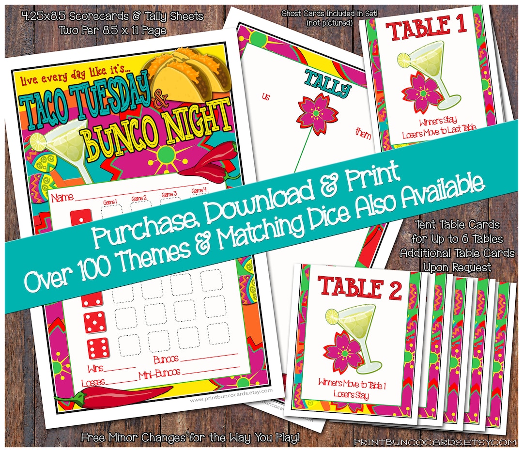 Printable Taco Mexican Themed Bunco Cards Bunko Scorecards Score Sheets ...