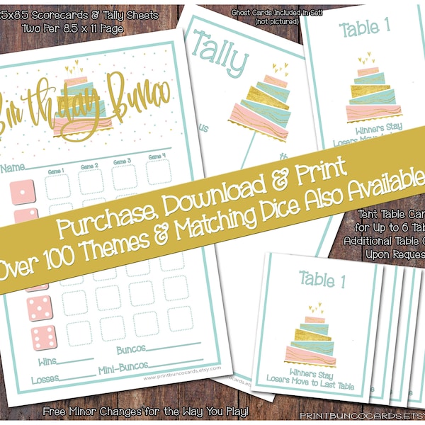 Happy Birthday Celebration Printable Bunco Set-Complete Bunco Set-Bunco Card, Bunco Tally Sheet, Bunco Table Cards (Bunko)