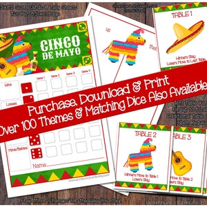 Conjunto Bunco para impressão Cinco de Mayo - Conjunto Bunco completo - Cartão Bunco, Folha de registro Bunco, Cartões de mesa Bunco (Bunko)