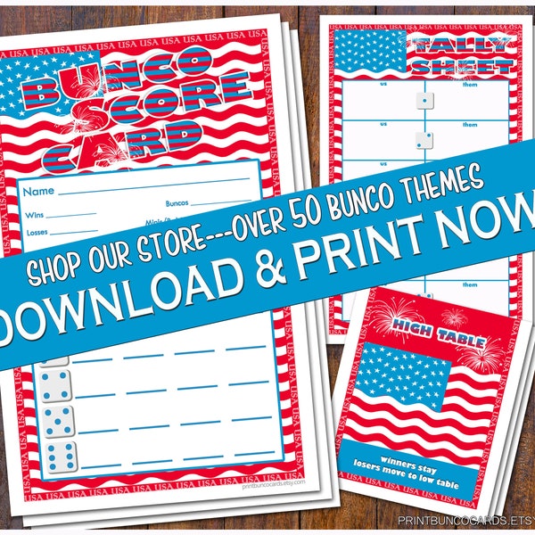 Printable USA Patriotic (Memorial Day or 4th of July) Bunco Cards Bunko Scorecards Score Sheets Instant Download