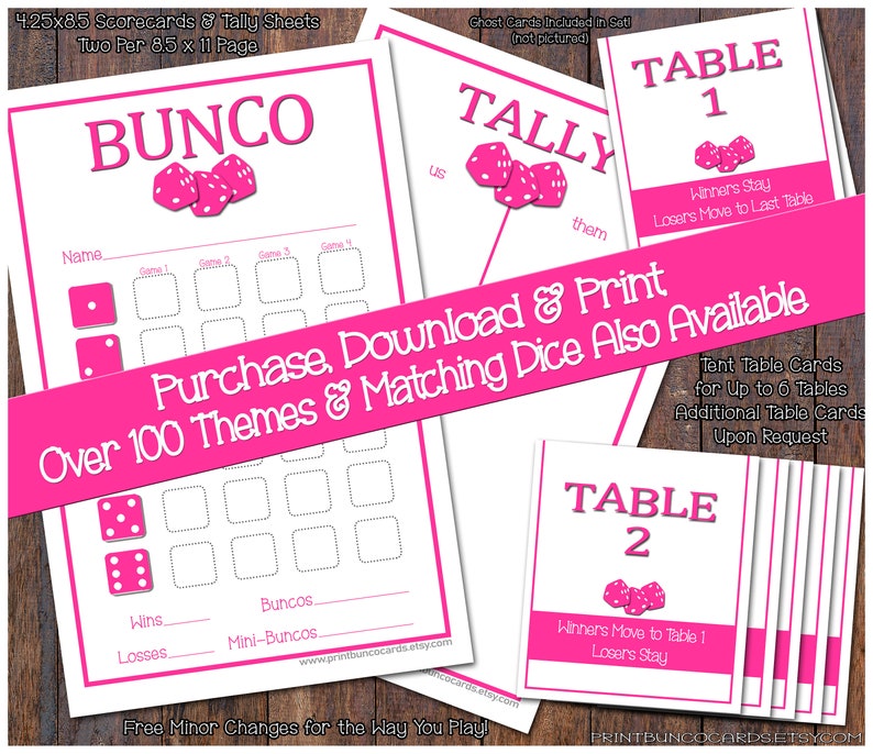 Value Priced Hot Pink Printable Bunco Set-complete Bunco Set-bunco Card ...