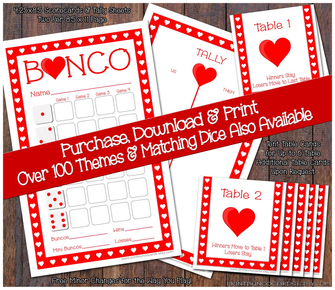 Hearts Valentines Printable Bunco Set-complete Bunco Set-bunco Card ...