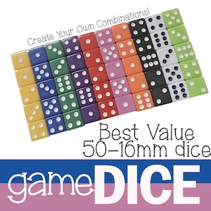 May include: A collection of 50 multi-colored dice, each 16mm in size, arranged diagonally. The dice are in various colors, including yellow, blue, green, purple, red, orange, pink, black, and white. Text reads "Create Your Own Combinations!" and "Best Value 50-16mm dice game DICE".
