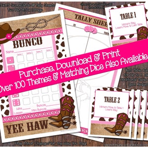 Conjunto de Bunco de Cowgirl Ocidental para impressão - Conjunto completo de Bunco - Cartão Bunco, Folha de registro Bunco, Cartões de mesa Bunco (Bunko)