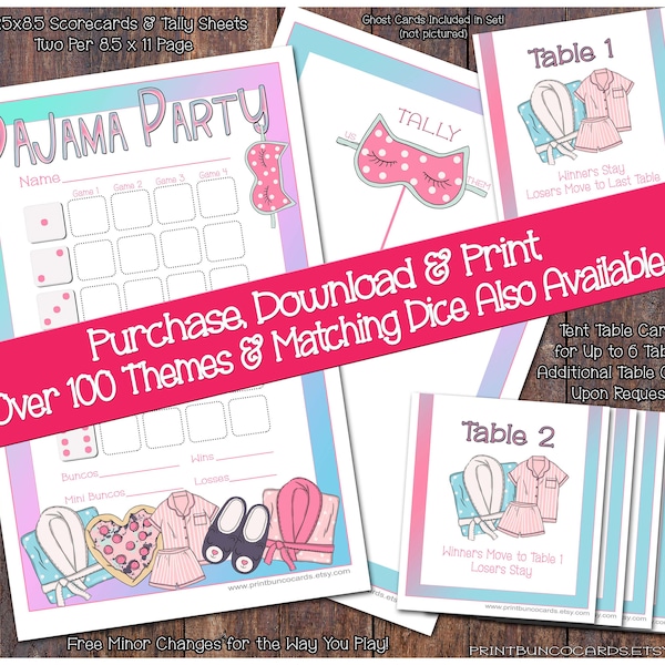 Printable Pajama Party Bunco Cards Bunko Scorecards Score Sheets Instant Download