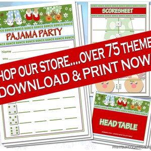 Vakantie Kerst Pyjama Party Bunco Afdrukbare set Bunko-kaarten Nu downloaden Gratis kleine wijzigingen