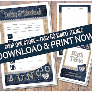 Printable Denim & Diamonds Printable Bunco Cards Bunko Scorecards Score Sheets Instant Download