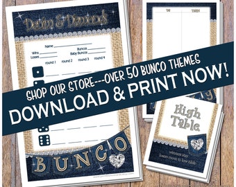 Printable Denim & Diamonds Printable Bunco Cards Bunko Scorecards Score Sheets Instant Download