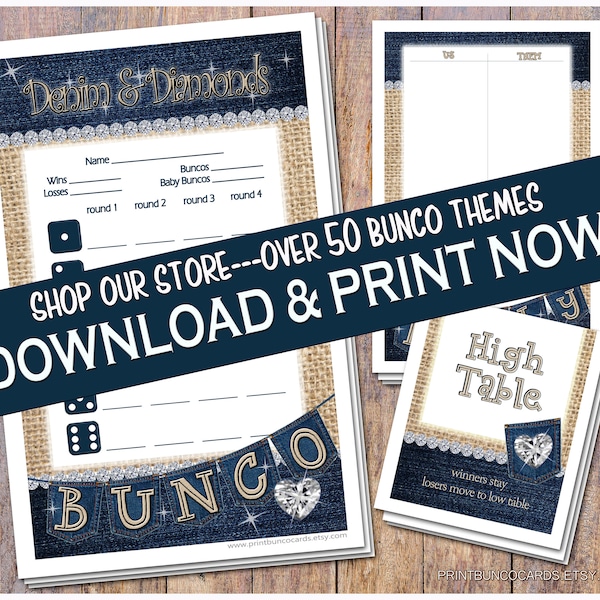 Printable Denim & Diamonds Printable Bunco Cards Bunko Scorecards Score Sheets Instant Download