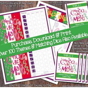 Conjunto de cartões Cinco de Mayo Fiesta Bunco para impressão, folhas de pontuação Bunko personalizadas, download instantâneo, pequenas alterações gratuitas