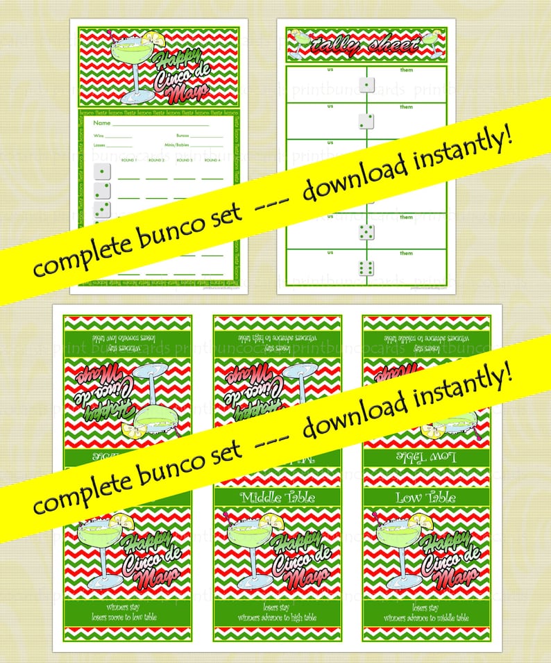 Printable Cinco de Mayo Custom Bunco Cards Set Bunko Scorecards Score Sheets Instant Download Free Minor Changes