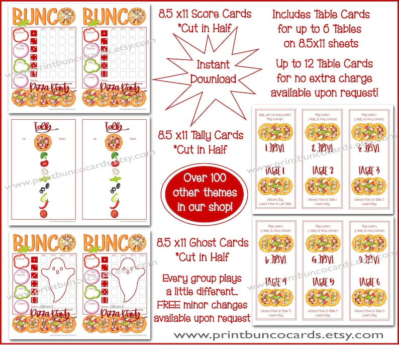 Pizza Party Printable Bunco Set-complete Bunco Set-bunco Card, Bunco ...