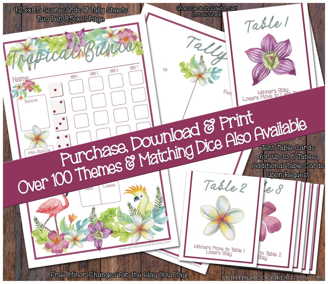 Tropical Printable Bunco Set Bunko Printables Scorecards Tally Sheets ...