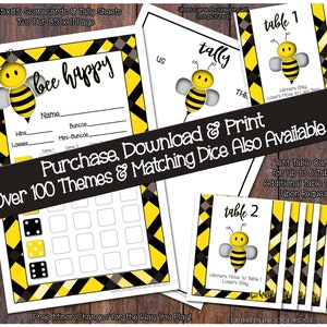 May include: Printable bee-themed scorecards and tally sheets for a game of Bunco. The scorecards are black and white with yellow and black checkered borders. The tally sheets are black and white with yellow and black checkered borders. The text "bee happy" is printed in yellow on the scorecards. The text "tally" is printed in yellow on the tally sheets. The text "Purchase, Download & Print" is printed in black on a yellow banner. The text "Over 100 Themes & Matching Dice Also Available" is printed in black on a yellow banner. The text "Tent Table Cards for Up to 6 Tables" is printed in black on a white background. The text "Additional Table Cards Upon Request" is printed in black on a white background. The text "Free Minor Changes for the Way You Play!" is printed in black on a white background.