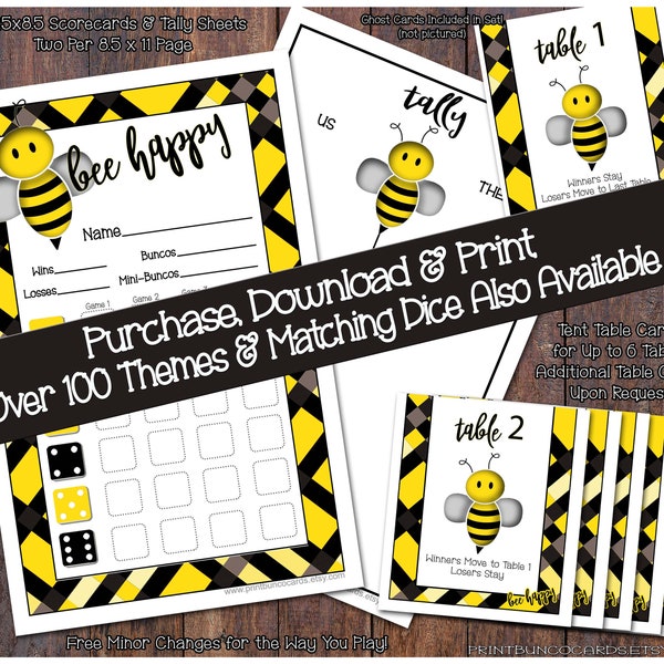 Bee Happy Themed Bunco Scorecards Bunko Tally Sheets Dice Party