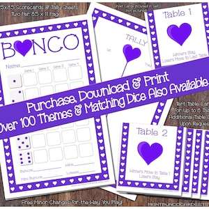 Hearts Valentines Printable Bunco Set-Complete Bunco Set-Bunco Card, Bunco Tally Sheet, Bunco Table Cards (Bunko)