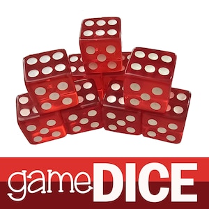 May include: A group of eight red transparent dice with white dots. The dice are stacked in a pyramid shape. The dice are for playing games.