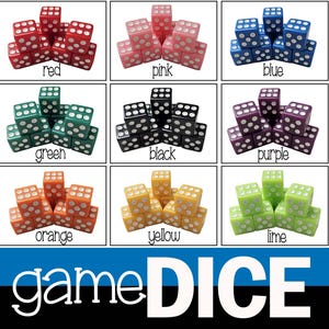 May include: A set of 10 colorful dice in various colors, including red, pink, blue, green, black, purple, orange, yellow, and lime. The dice are arranged in a pyramid shape and labeled with their corresponding color.