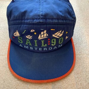 Vintage Sail 90 Amsterdam Nautical Cap Rare 1990 Maritime Festival Blue and Orange Dad Hat Retro Yachting Sailing Graphic Baseball Hat